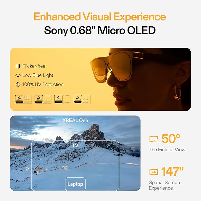 UVA/UVB protection - XREAL One AR Glasses with X1 Chip Native 3 DoF 147 50°FOV 120Hz HD Display Expertly Tuned Audio Video Display Glasses for iPhone 16-15 Steam Deck ROG Mac PC Android iOS | Geeky Human UVA/UVB protection - XREAL One AR Glasses with X1 Chip Native 3 DoF 147 50°FOV 120Hz HD Display Expertly Tuned Audio Video Display Glasses for iPhone 16-15 Steam Deck ROG Mac PC Android iOS