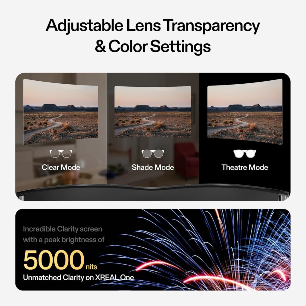 Different viewing modes - XREAL One AR Glasses with X1 Chip Native 3 DoF 147 50°FOV 120Hz HD Display Expertly Tuned Audio Video Display Glasses for iPhone 16-15 Steam Deck ROG Mac PC Android iOS | Geeky Human Different viewing modes - XREAL One AR Glasses with X1 Chip Native 3 DoF 147 50°FOV 120Hz HD Display Expertly Tuned Audio Video Display Glasses for iPhone 16-15 Steam Deck ROG Mac PC Android iOS