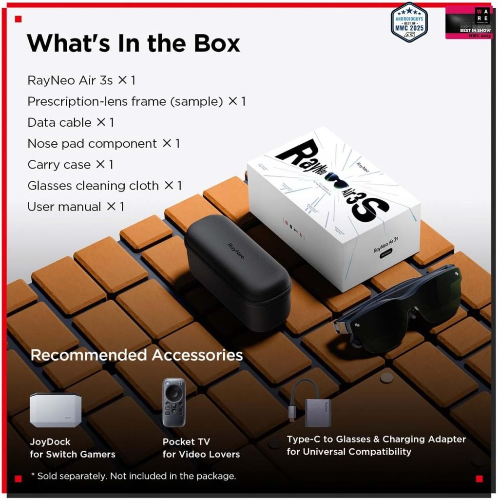 What's in the box - RayNeo Air 3s AR-XR Glasses 201 120Hz FHD HueView Display Portable AR Video Eyewear Gaming Glasses for iPhone 16-15 Android Mac Switch PS5 Steam Deck - Next-Gen Wearable Theater | Geeky Human What's in the box - RayNeo Air 3s AR-XR Glasses 201 120Hz FHD HueView Display Portable AR Video Eyewear Gaming Glasses for iPhone 16-15 Android Mac Switch PS5 Steam Deck - Next-Gen Wearable Theater
