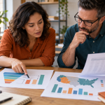 Two colleagues review colorful charts and a map on a wooden table; the woman points to a bar chart.