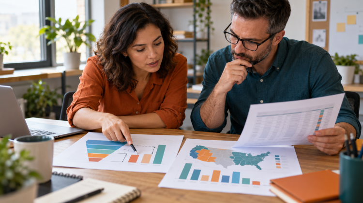 Two colleagues review colorful charts and a map on a wooden table; the woman points to a bar chart.