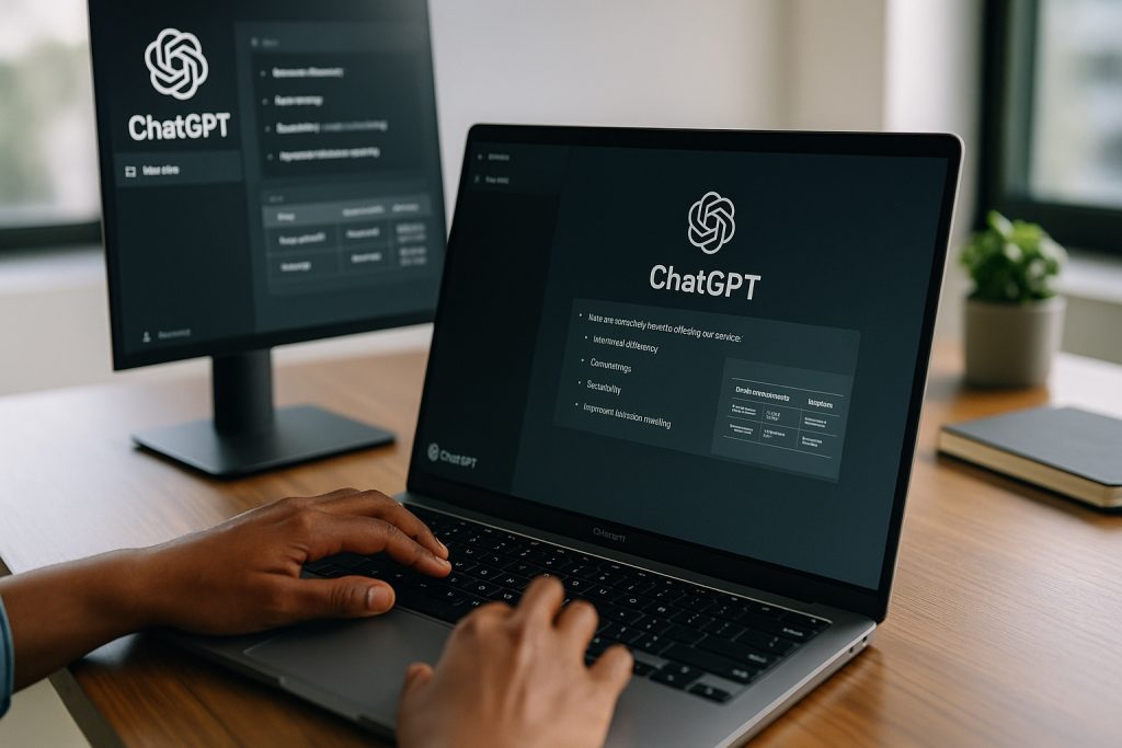 Person using ChatGPT on a laptop and monitor in a modern office for small-business tasks