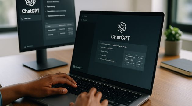 Person using ChatGPT on a laptop and monitor in a modern office for small-business tasks
