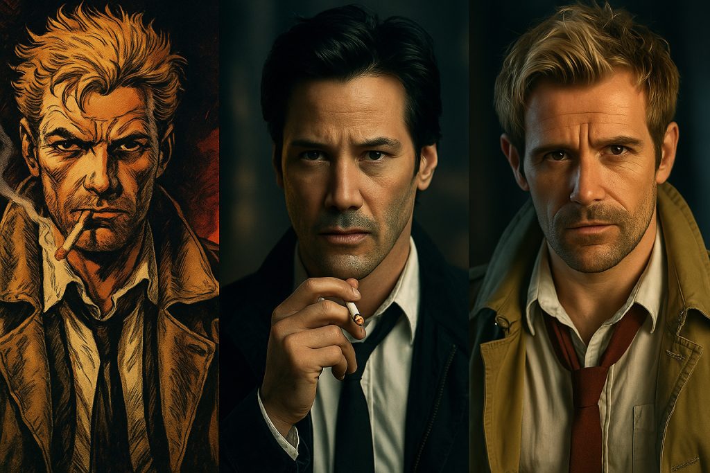 John Constantine: Hellblazer comic version, Keanu Reeves’ 2005 film portrayal, and Matt Ryan’s TV adaptation, side by side
