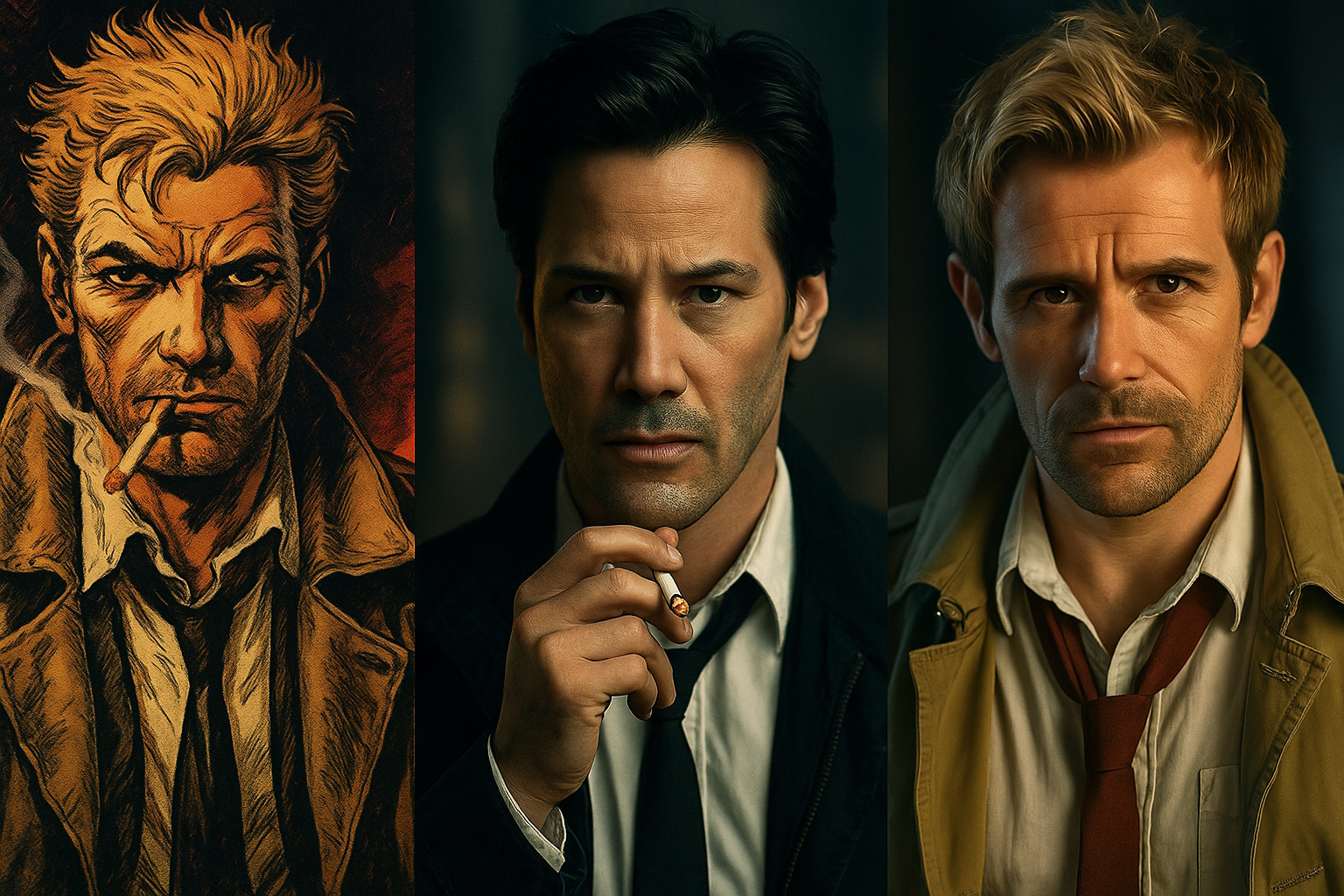 John Constantine: Hellblazer comic version, Keanu Reeves’ 2005 film portrayal, and Matt Ryan’s TV adaptation, side by side