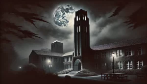 DALLE AI - A dark and eerie nighttime version of the Channel Islands University campus with the prominent bell tower on the left