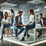 sleek, modern office setting with a group of diverse, geeky professionals collaborating - make with AI DALL·E