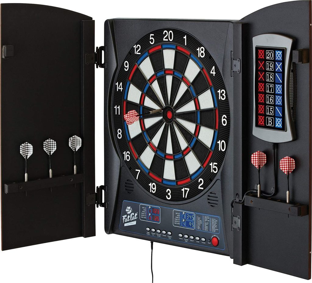 Electronic Dartboard with Built-In Cabinet Doors and Integrated Scoreboard