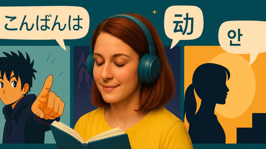 Young woman studying languages with cultural illustrations in Japanese, Chinese, and Korean backgrounds