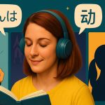 Young woman studying languages with cultural illustrations in Japanese, Chinese, and Korean backgrounds