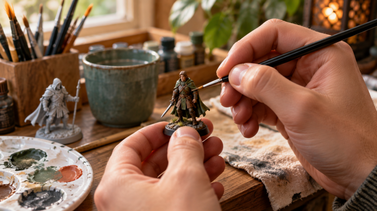 Hands painting a miniature medieval knight on a wooden table with paints and brushes nearby.