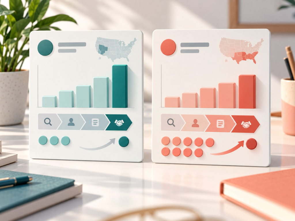 Sales KPI comparison: revenue, pipeline, and lead volume | Geeky Human Illustrated sales scorecards comparing two reps by region, pipeline stages, and lead volume.