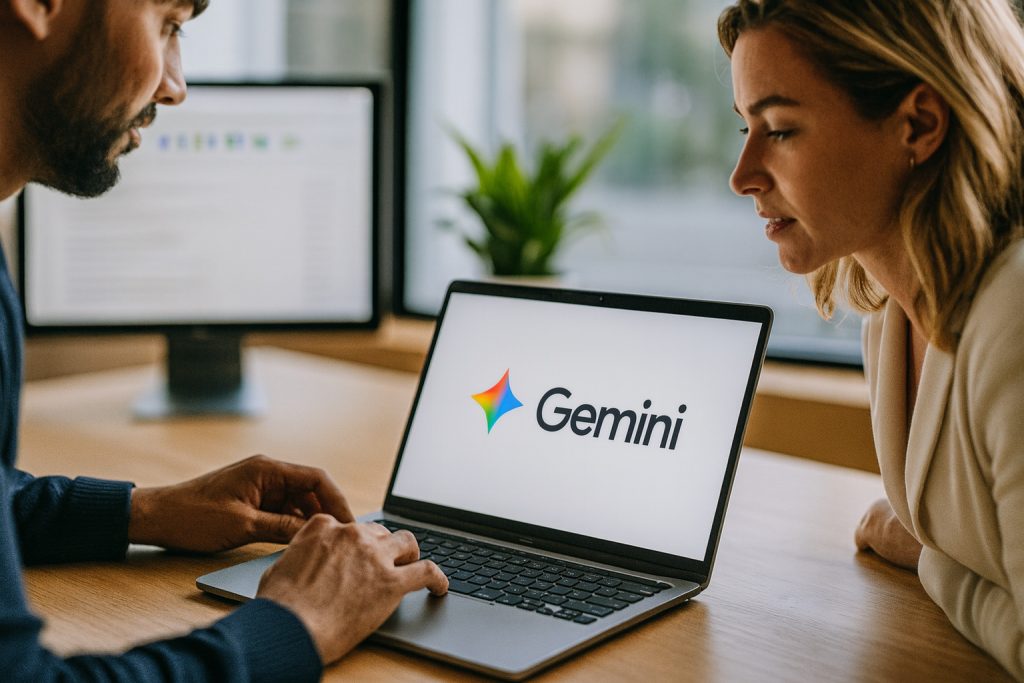 Google Gemini logo on a laptop while coworkers collaborate in a modern office