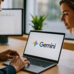 Google Gemini logo on a laptop while coworkers collaborate in a modern office
