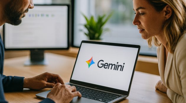 Google Gemini logo on a laptop while coworkers collaborate in a modern office