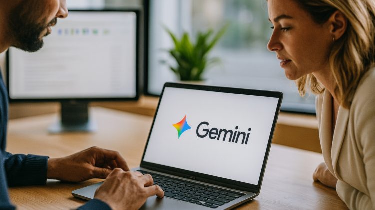 Google Gemini for Small Businesses What It Solves Pricing and Workspace Wins | Geeky Human Google Gemini logo on a laptop while coworkers collaborate in a modern office