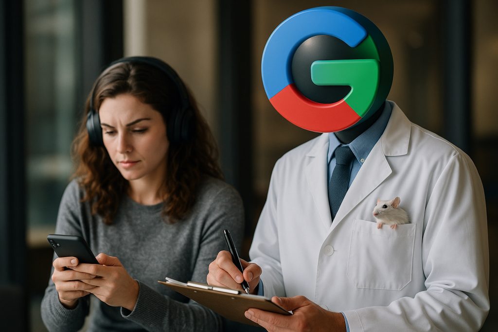 A watchful “Gemini” figure takes notes as a user scrolls her phone, symbolizing AI data collection and human review.