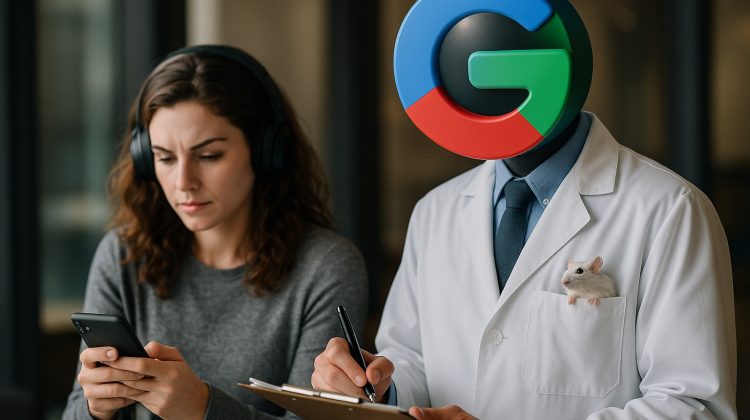 How to Make Google Gemini More Private and Ditch the Human Reviewers | Geeky Human A watchful “Gemini” figure takes notes as a user scrolls her phone, symbolizing AI data collection and human review.