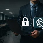 Photorealistic scene of a modern office workspace with secure digital data transfer visuals, symbolizing protecting business information when using AI tools like ChatGPT and Jasper AI