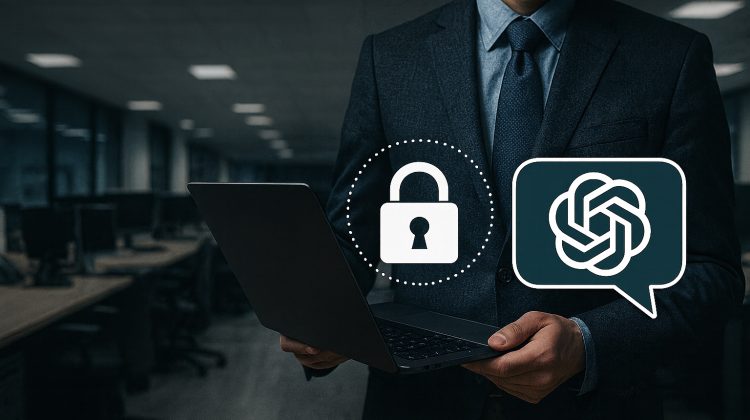 How to Use ChatGPT Without Risking Your Businesss Confidential Data - no text | Geeky Human Photorealistic scene of a modern office workspace with secure digital data transfer visuals, symbolizing protecting business information when using AI tools like ChatGPT and Jasper AI