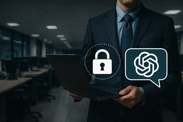 Photorealistic scene of a modern office workspace with secure digital data transfer visuals, symbolizing protecting business information when using AI tools like ChatGPT and Jasper AI