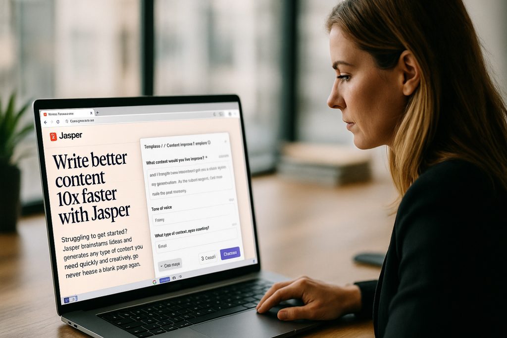 Marketing professional using Jasper AI’s browser extension to rewrite an email in Chrome