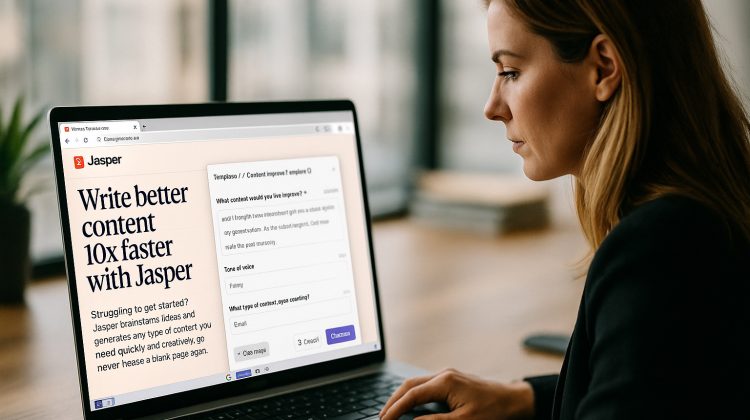 Marketing professional using Jasper AI’s browser extension to rewrite an email in Chrome