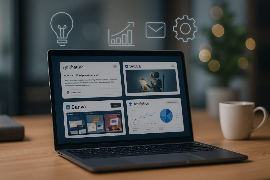 Small business owner using multiple free AI tools to boost productivity and marketing