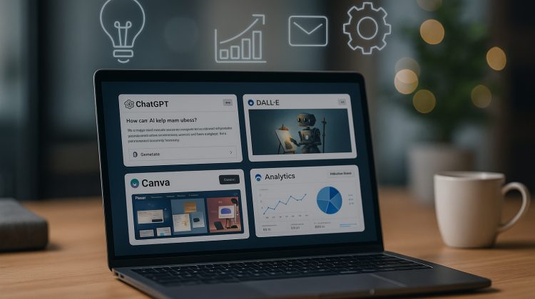 Small Business Big AI - 7 Free or Crazy Affordable AI Tools You Should Try First | Geeky Human Small business owner using multiple free AI tools to boost productivity and marketing