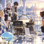 Rimuru in slime form and anime characters gathered around an empty animator’s desk in a memorial tribute to Kenichiro Katsura