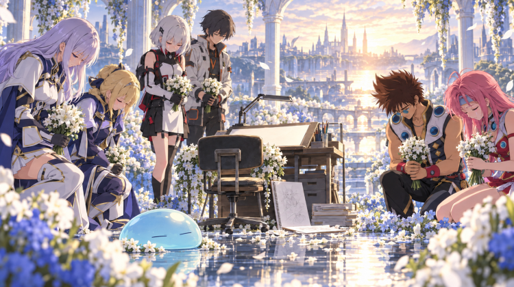 Remembering Kenichiro Katsura: Anime Memorial Tribute | Geeky Human Rimuru in slime form and anime characters gathered around an empty animator’s desk in a memorial tribute to Kenichiro Katsura