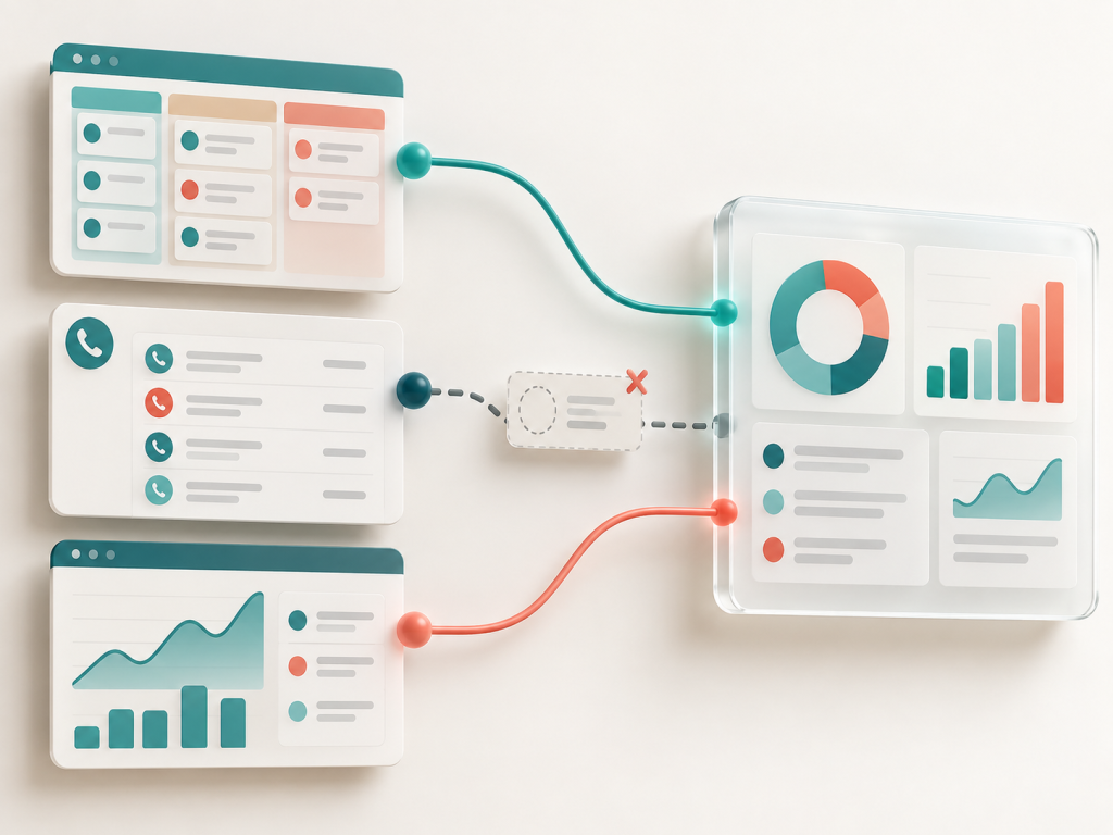 Trace dashboard KPIs to CRM, call, and marketing data | Geeky Human CRM, call log, and marketing panels connect to a dashboard; a dashed broken connection shows a missing shared record ID.
