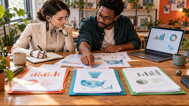 Business dashboard planning with an android collaborator | Geeky Human A business analyst and humanoid android review sales charts, regional data, and a dashboard at a wooden table.