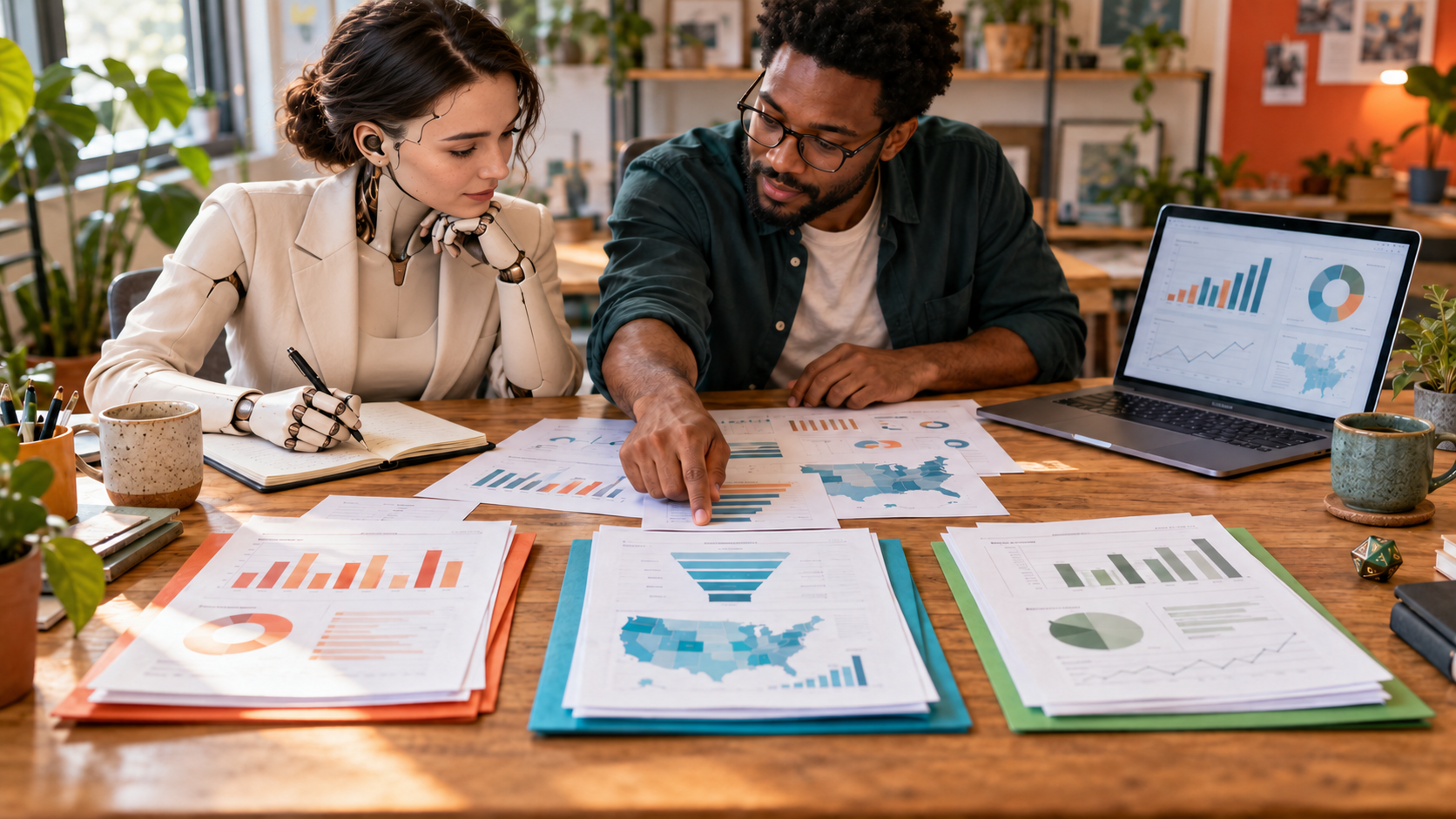 Two colleagues organize printed charts and review a dashboard at a table.