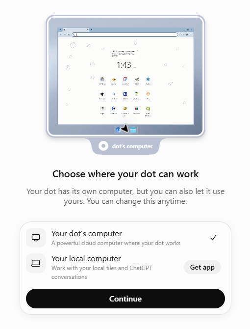 ChatGPT dots setup screen showing cloud and local computer options