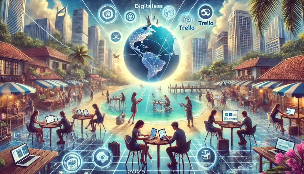 Digital illustration representing the concept of global, borderless jobs in 2025 DALL·E